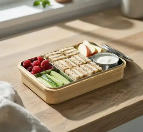 Apple sunflower butter sandwich bites with raspberries, cucumber, yogurt, and apple wedges in a bento box.