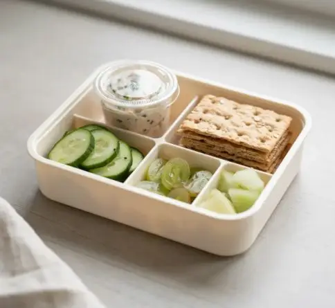 Tuna cucumber cracker bento with creamy tuna, whole-grain crackers, melon, and sliced grapes.