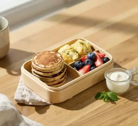 Breakfast bento with mini pancakes, scrambled egg bites, strawberries, blueberries, and yogurt.