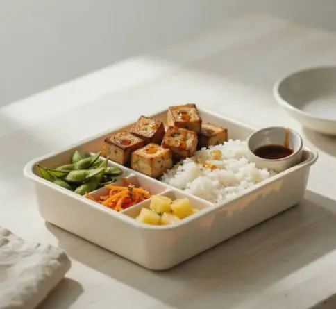 Teriyaki tofu bento with rice, edamame, carrots, pineapple, and sauce.