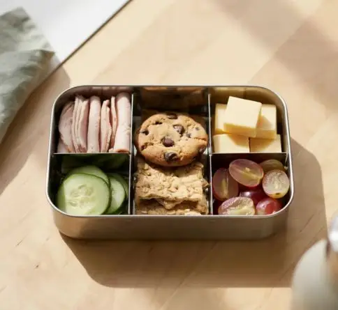 Homemade Lunchable bento with crackers, turkey, cheese, cucumber, sliced grapes, and a cookie.