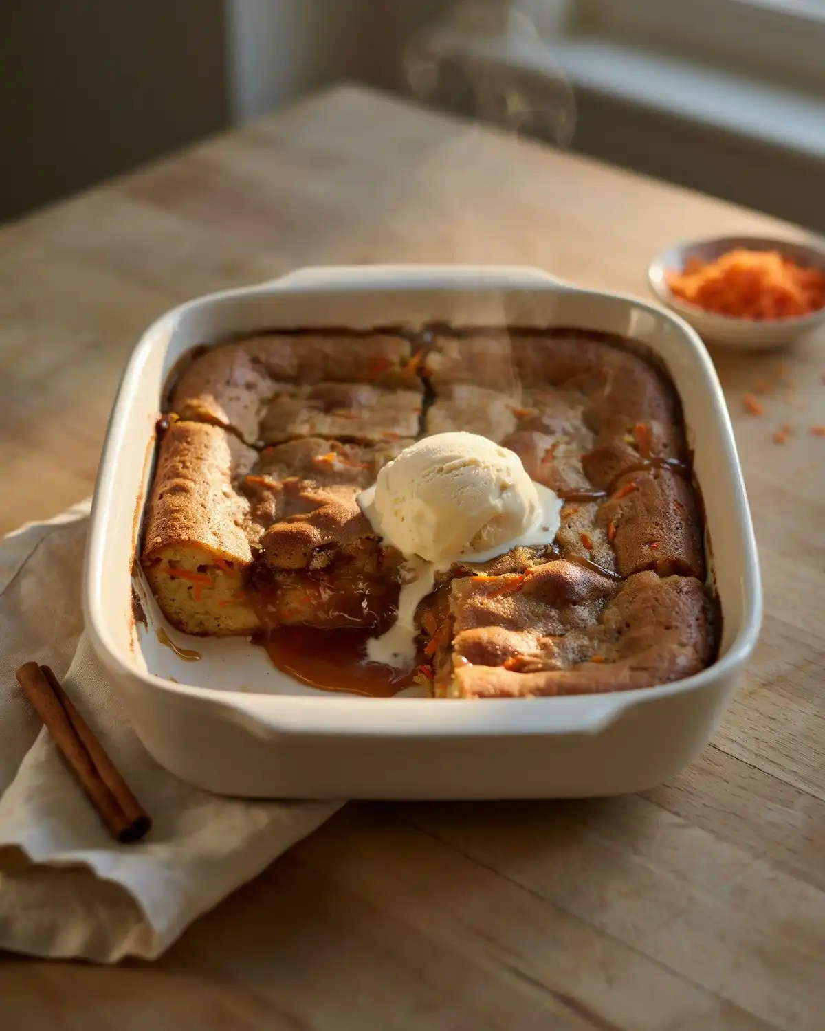 Classic self-saucing carrot cake cobbler with brown sugar sauce and melting vanilla ice cream.