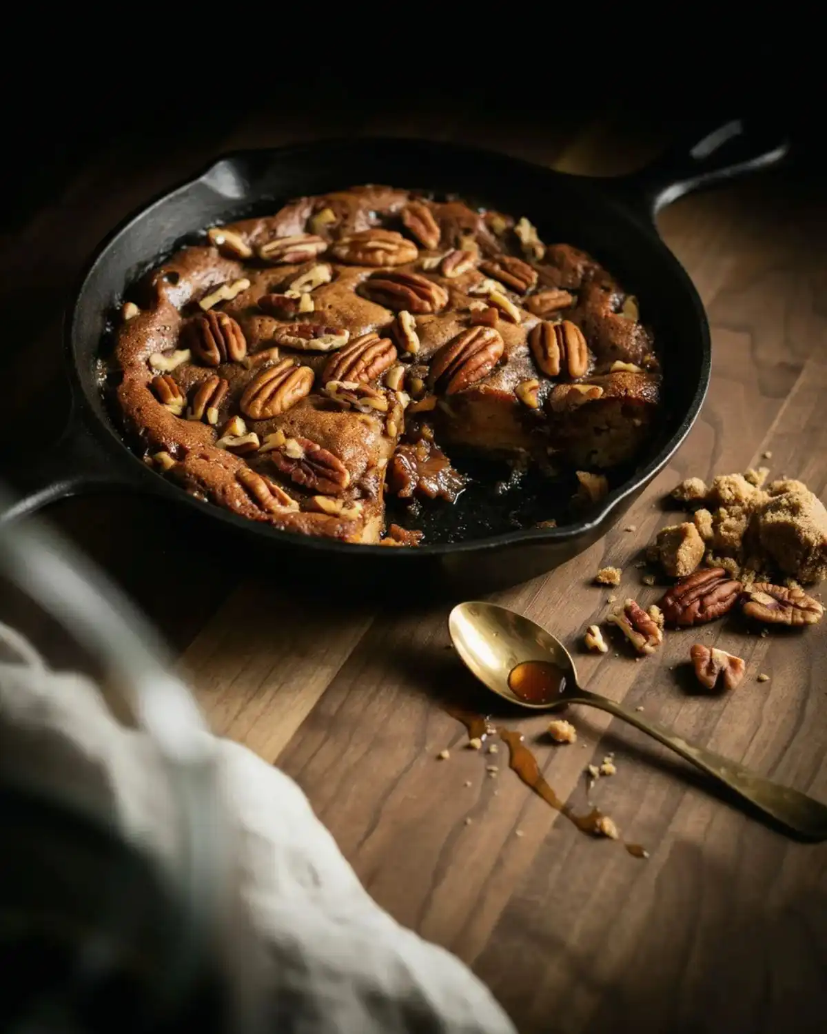 Pecan brown sugar carrot cake cobbler baked in cast iron with crisp caramelized edges.