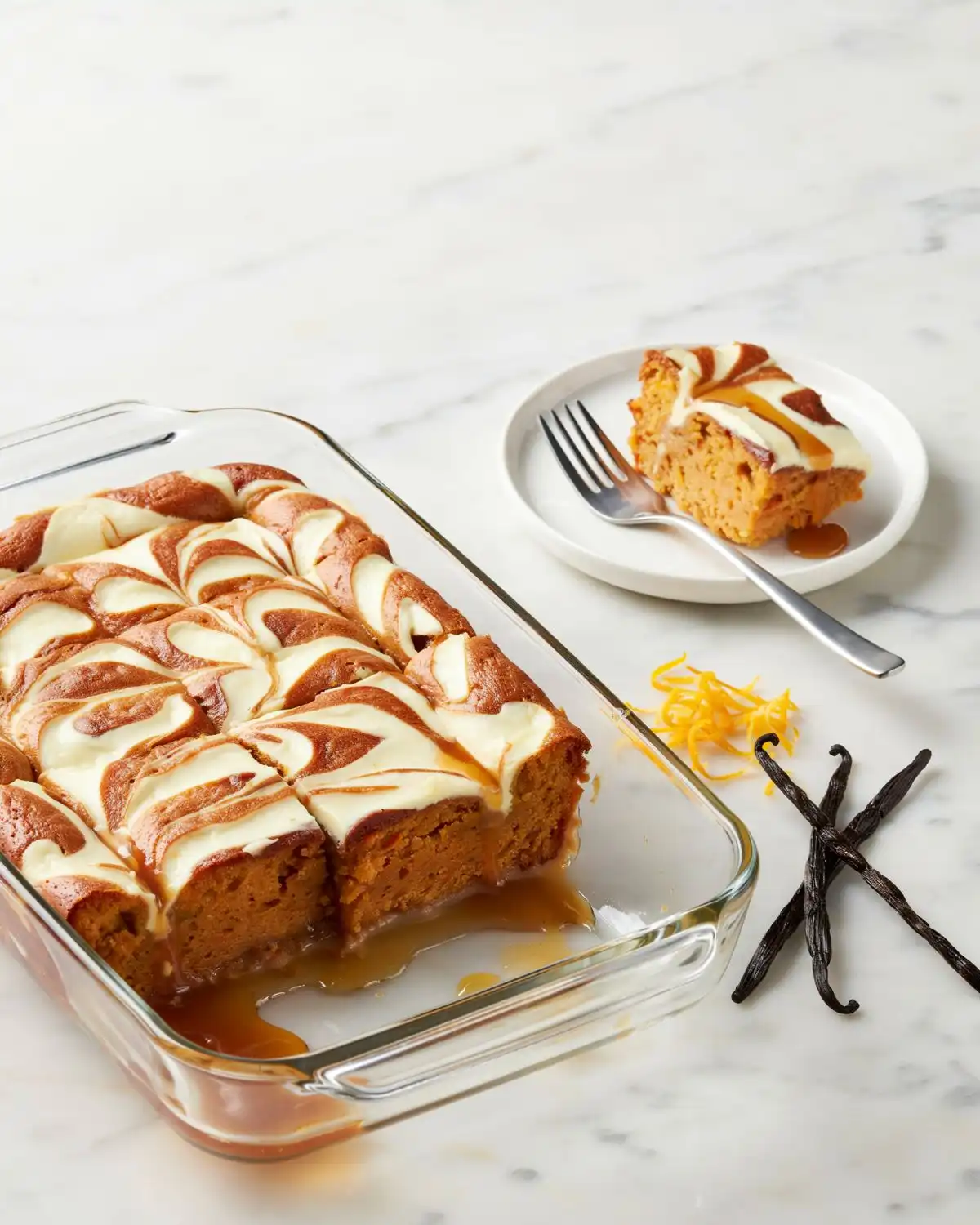 Carrot cake cobbler with visible cream cheese swirls and warm cinnamon-spiced crumb.