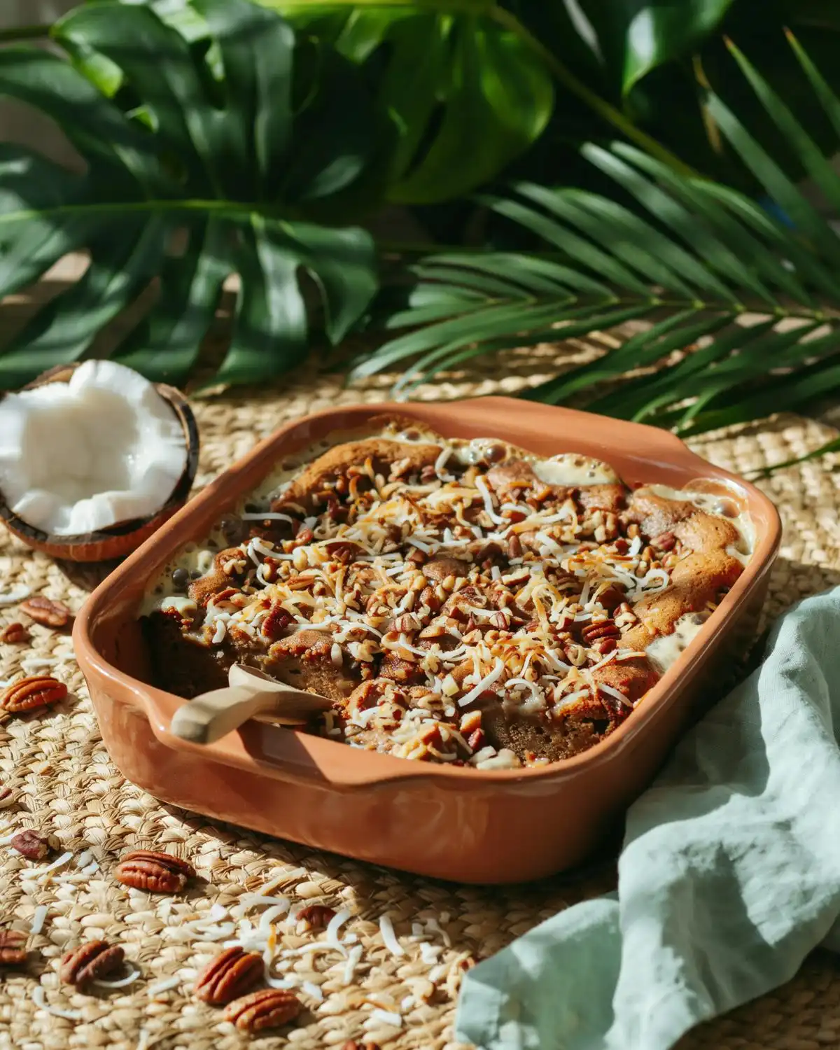 Coconut pecan carrot cake cobbler with toasted coconut flakes and crunchy pecans.