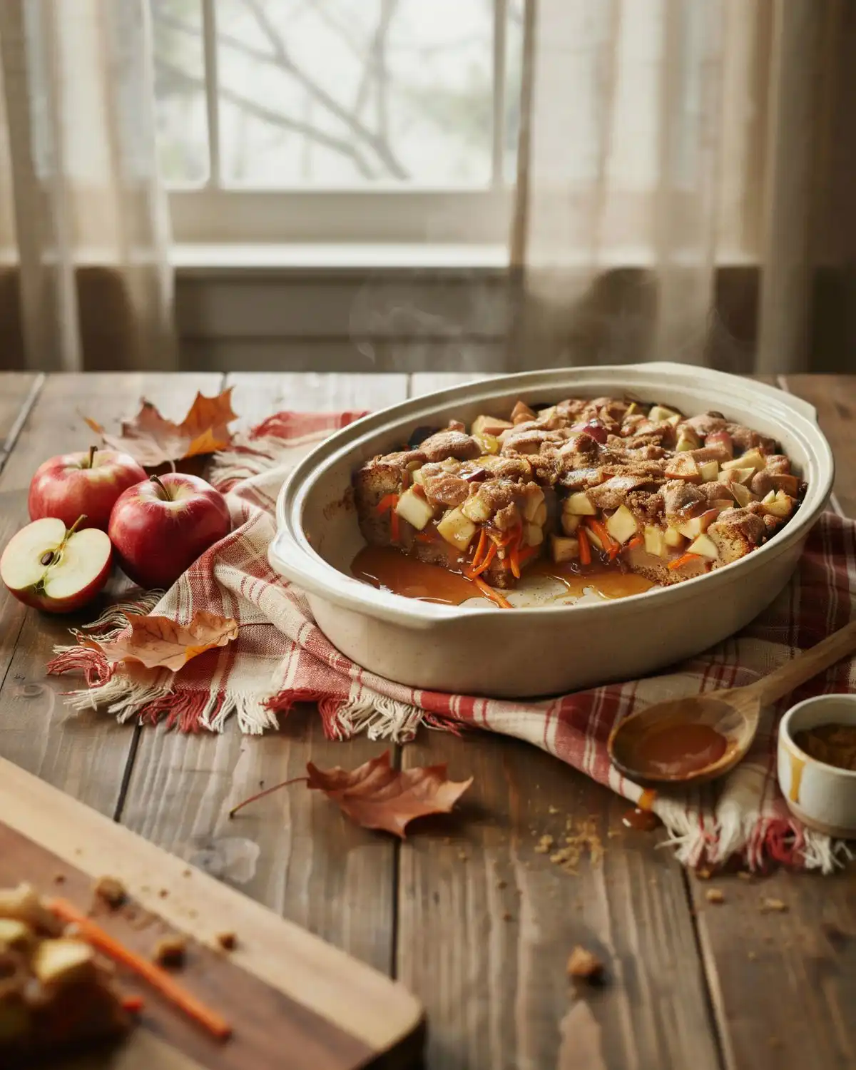 Apple carrot cake cobbler with tender apple pieces, cinnamon, and a golden spiced topping.
