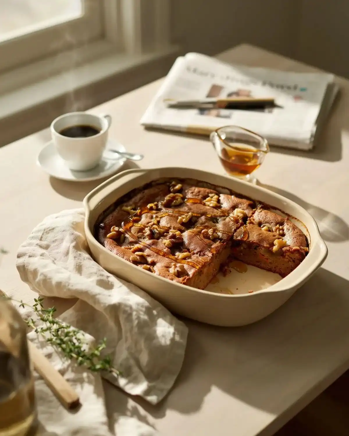Maple walnut carrot cake cobbler served for brunch with maple syrup and toasted walnuts.