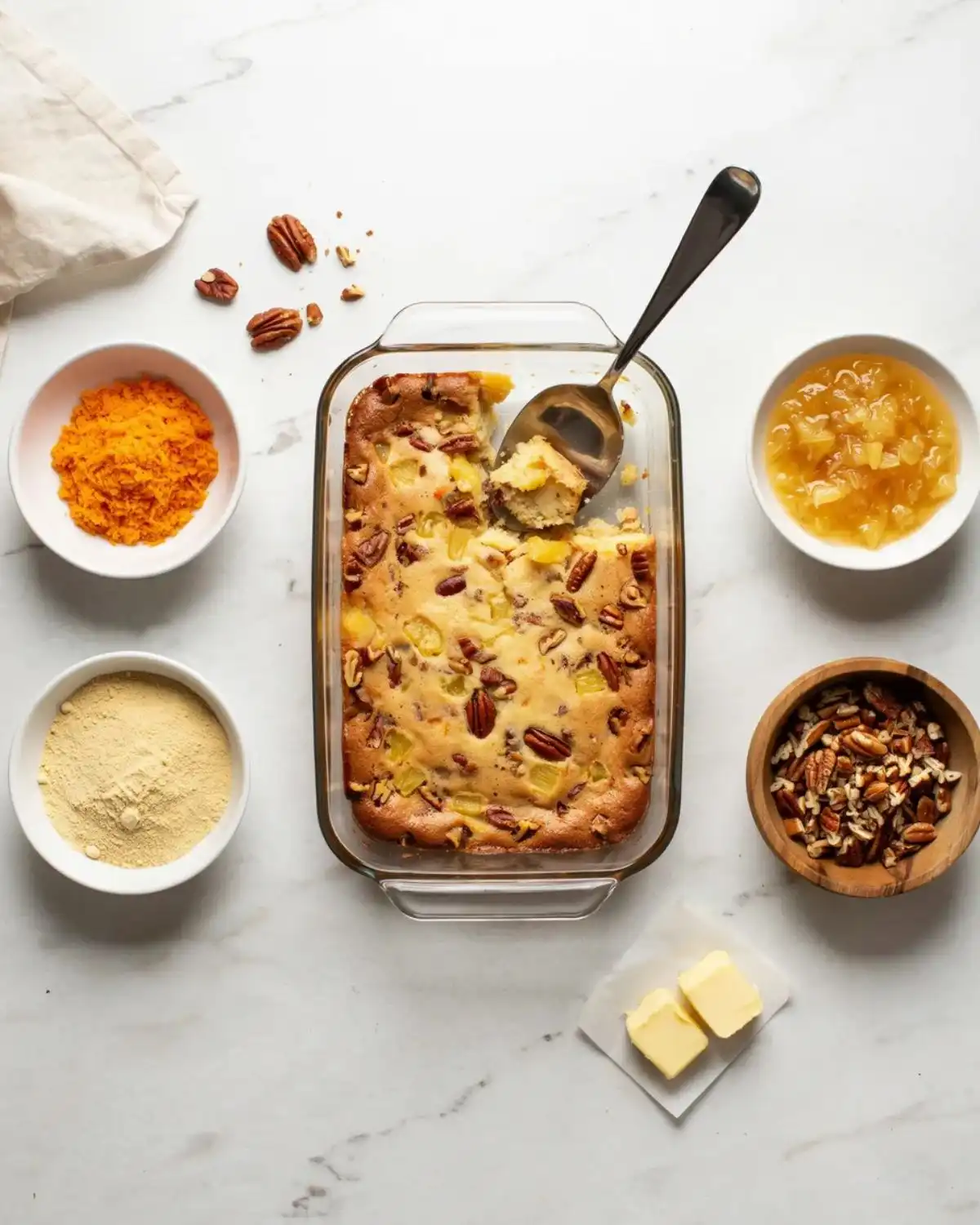 Easy carrot cake dump cake with pineapple, grated carrots, nuts, and a buttery golden topping.