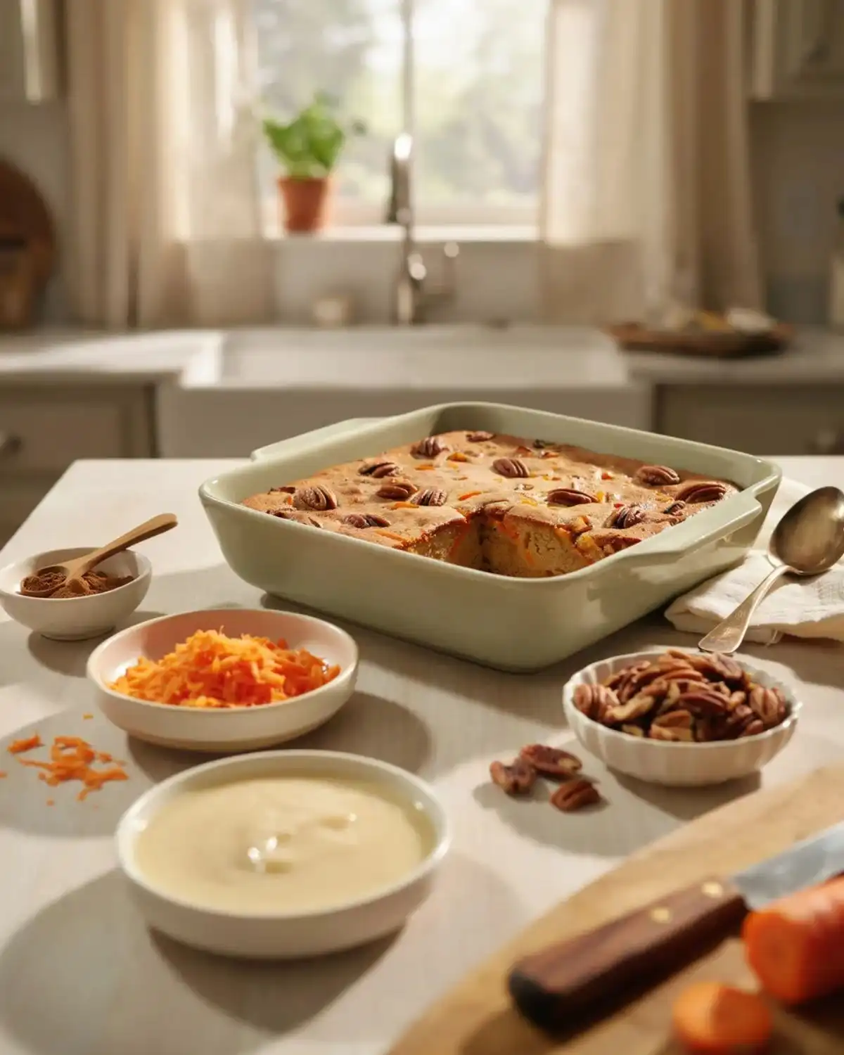 Spice cake mix carrot cobbler with grated carrots, pecans, and warm cinnamon flavor.