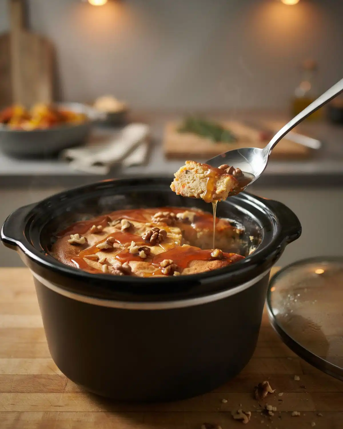 Slow cooker carrot cake cobbler with a soft pudding-like center and toasted nut topping.