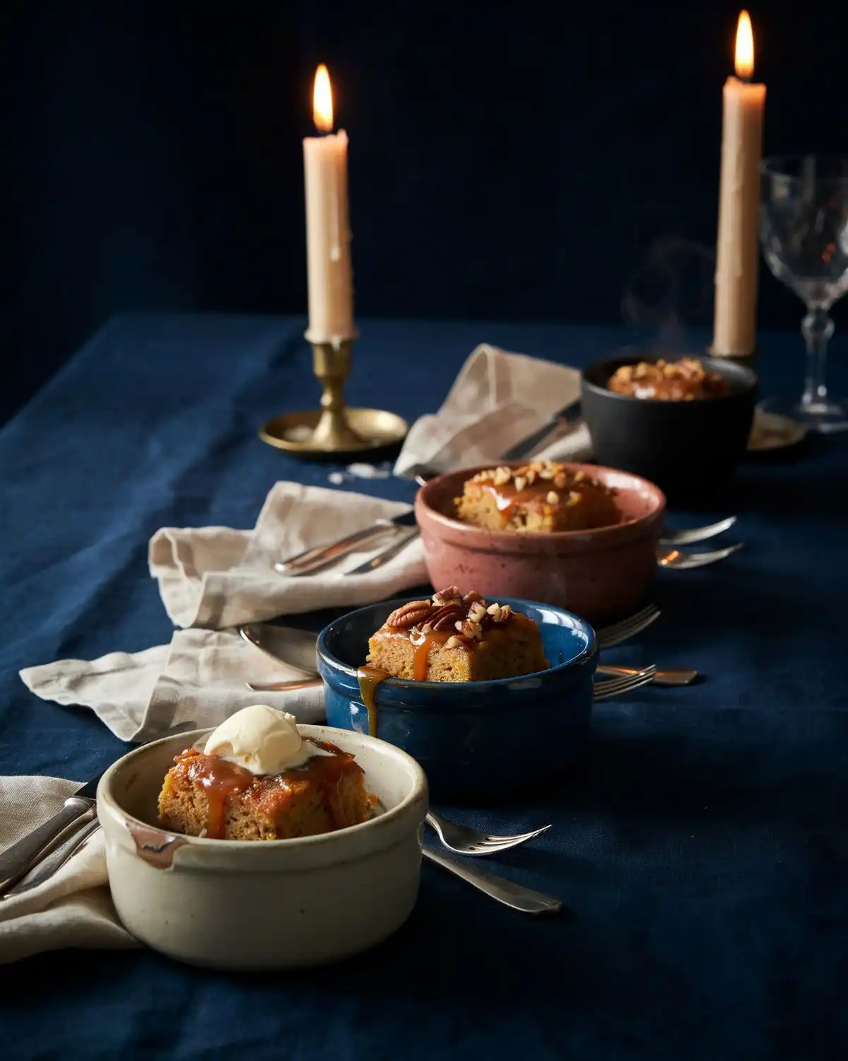 Individual mini carrot cake cobblers baked in ramekins with vanilla cream and pecans.