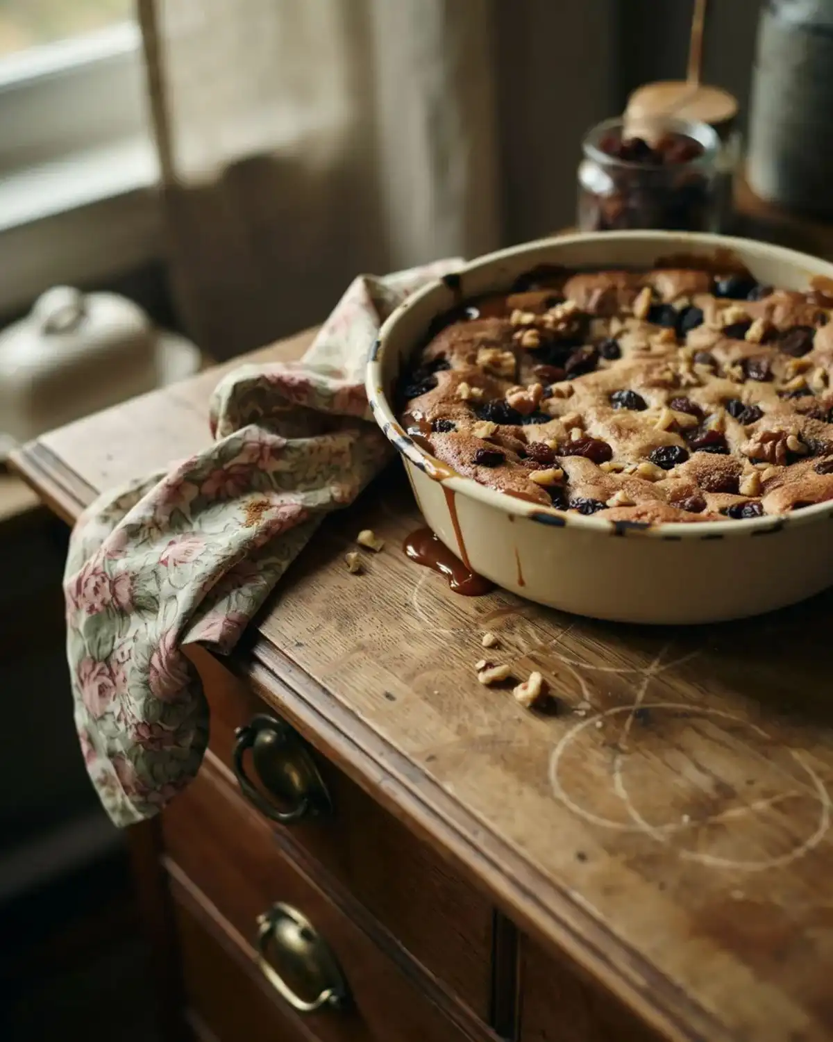 Traditional raisin walnut carrot cake cobbler with plump raisins and toasted walnuts.