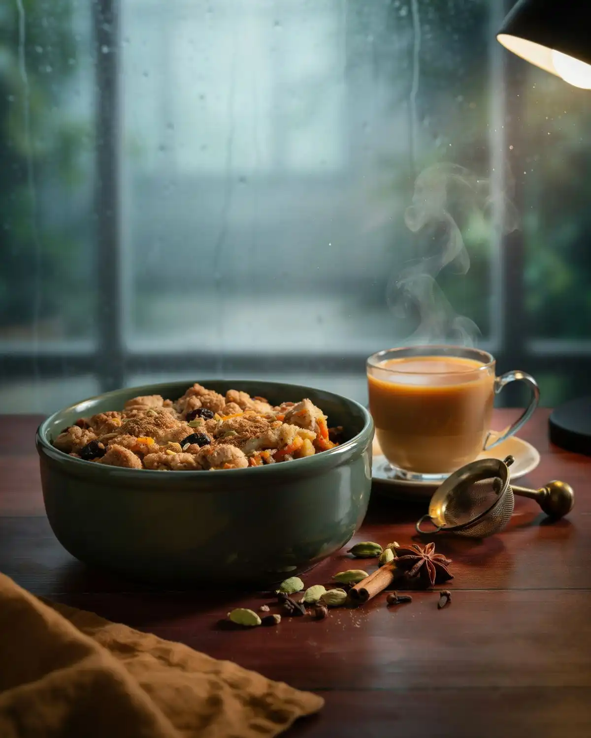 Chai-spiced carrot cake cobbler with cardamom, cinnamon, cloves, and a cup of tea.