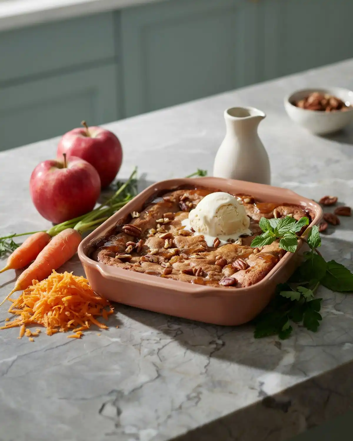Vegan carrot cake cobbler made with plant milk, applesauce, and dairy-free vanilla ice cream.