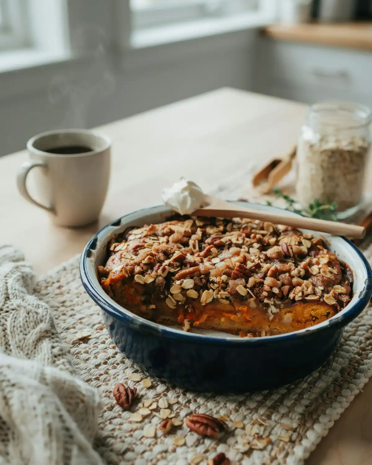 Oat-topped carrot cake cobbler with a crunchy pecan oat topping and warm spiced filling.