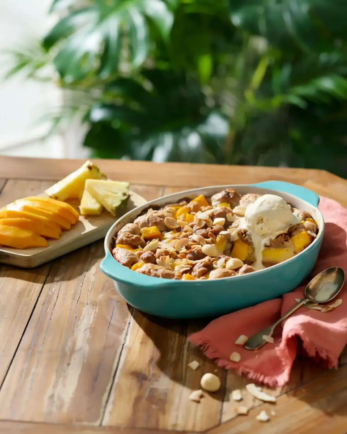 Tropical mango pineapple carrot cake cobbler topped with coconut and macadamia nuts.