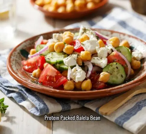 Greek chickpea salad with tomatoes cucumber red onion and feta cheese