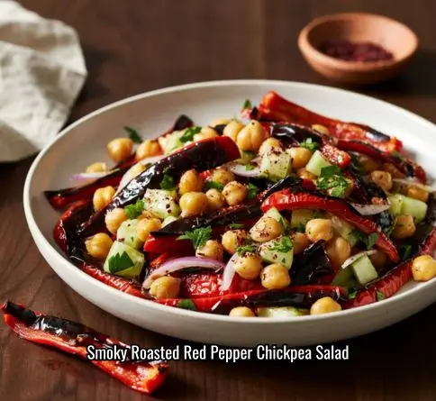 Roasted red pepper and chickpea salad with cucumber and lemon dressing