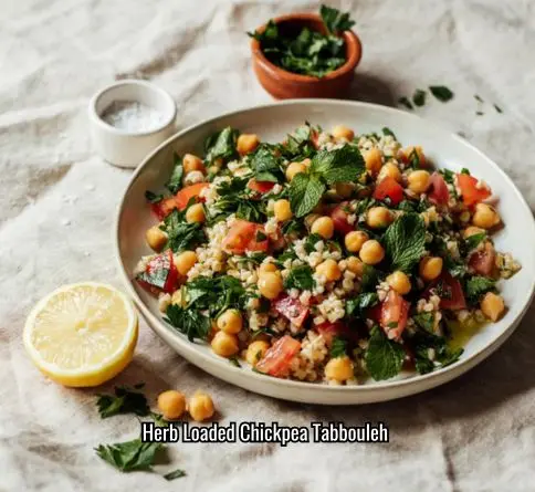 Chickpea tabbouleh fusion salad with parsley mint tomato and quinoa