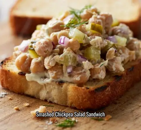 Smashed chickpea salad sandwich filling on toasted bread with celery and dill
