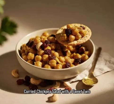 Curried chickpea salad with raisins cashews and creamy curry dressing