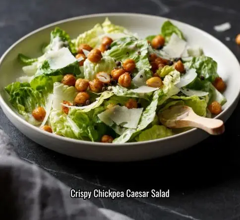 Chickpea caesar salad with romaine lettuce parmesan and crispy roasted chickpeas