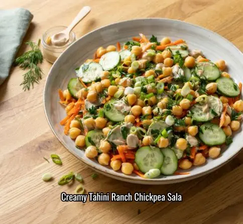 Tahini ranch chickpea salad with shredded carrots cucumber and green onion