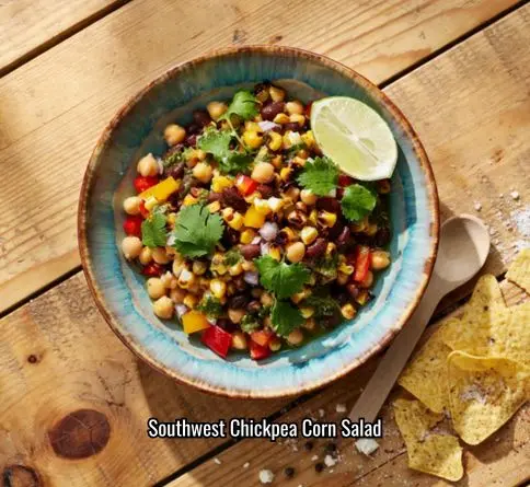 Southwest chickpea and corn salad with black beans bell pepper and lime dressing