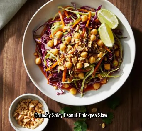 Spicy peanut chickpea slaw with cabbage carrots and crushed peanuts