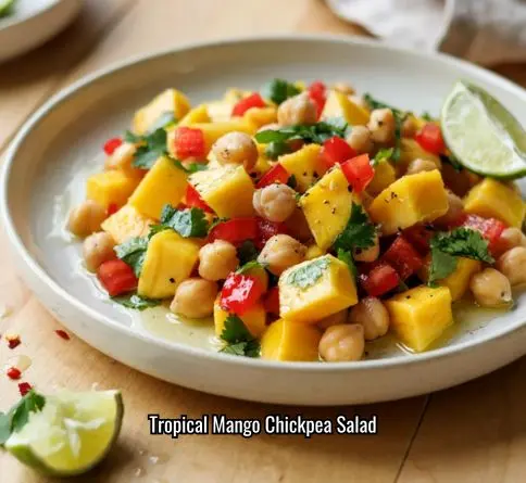 Mango chickpea salad with red bell pepper cilantro and lime chili dressing