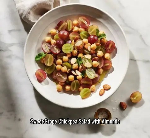 Grape and chickpea salad with sliced almonds and poppy seed dressing