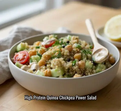 Quinoa chickpea power salad with cucumber tomato and lemon tahini dressing