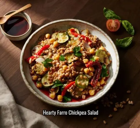 Farro and chickpea salad with roasted vegetables and red wine vinaigrette