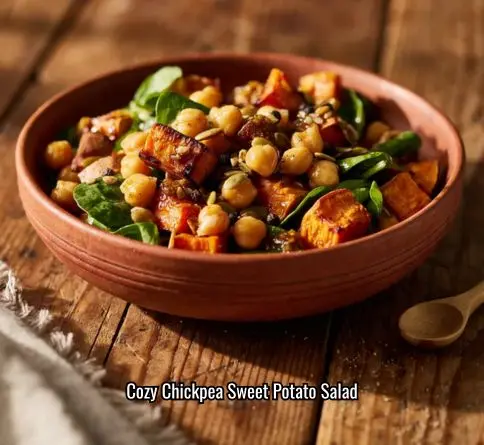 Chickpea and sweet potato salad with spinach and maple mustard dressing