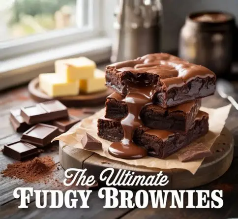 Classic fudgy chocolate brownies with crackly tops, gooey centers, and rich dark chocolate on a rustic wooden board.