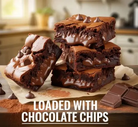 Chewy chocolate chip brownies loaded with melted chocolate chips and gooey chocolate centers on parchment paper.
