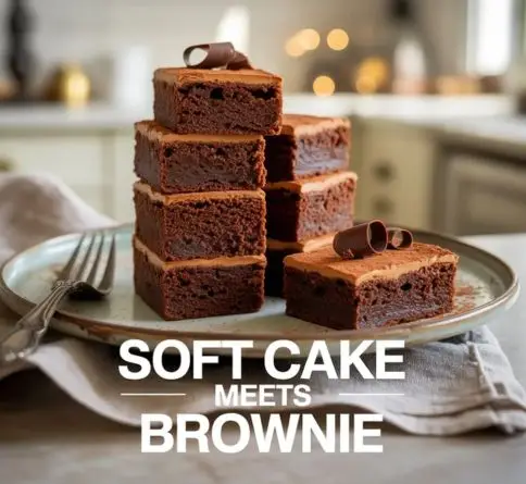 Soft cakey chocolate brownies with a light fluffy texture and rich chocolate flavor served on a vintage dessert plate.