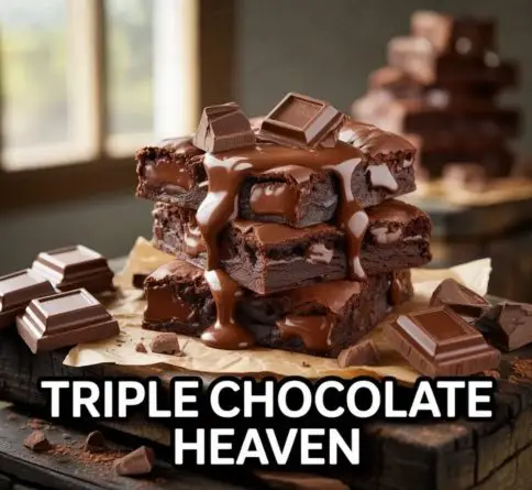 Triple chocolate chunk brownies filled with large melted chocolate chunks and topped with rich dark chocolate pieces.