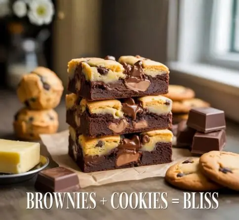 Brookies with fudgy brownie layers and chewy chocolate chip cookie topping baked into irresistible dessert bars.