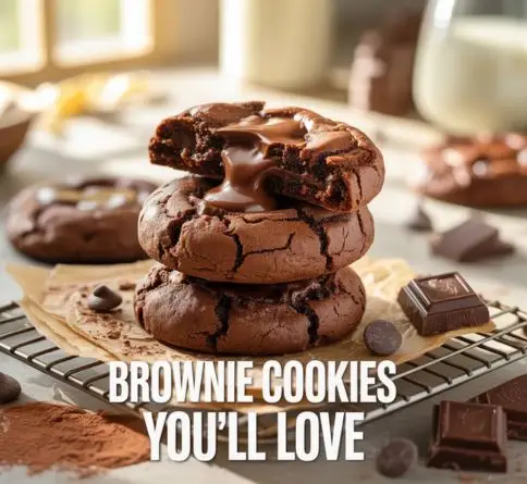 Brownie chocolate chip cookies with crackly tops, gooey chocolate centers, and melted chocolate chips throughout.