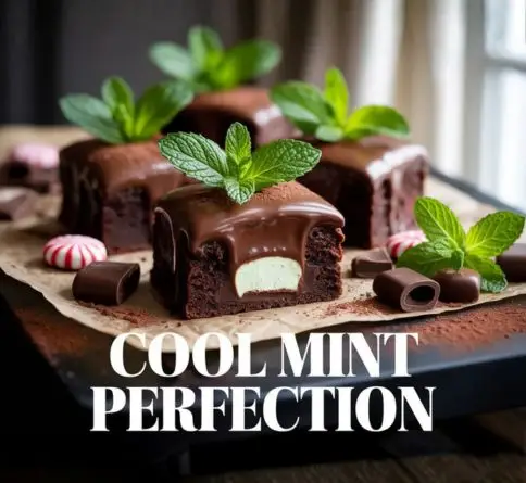 Mint chocolate brownies topped with chocolate ganache, fresh mint leaves, and a rich fudgy chocolate base.