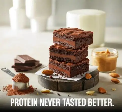 High-protein chocolate brownies with rich fudgy texture, chocolate protein powder, and healthy dessert ingredients.