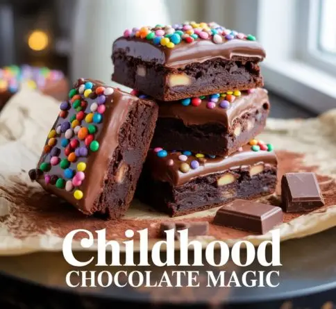 Cosmic frosted fudge brownies topped with thick chocolate frosting and colorful rainbow sprinkles for a nostalgic dessert.