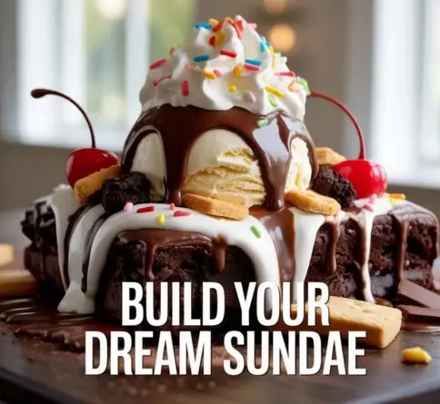 Brownie sundae bars topped with vanilla ice cream, hot fudge, whipped cream, sprinkles, and chocolate toppings.