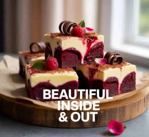 Red velvet brownies with cream cheese swirls, vibrant red chocolate layers, and rich fudgy texture for special occasions.