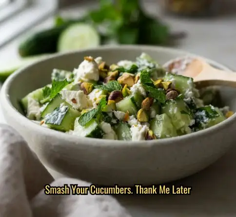 Smashed cucumber and feta salad with pistachios and mint in a creamy feta dressing, served in a stone bowl.