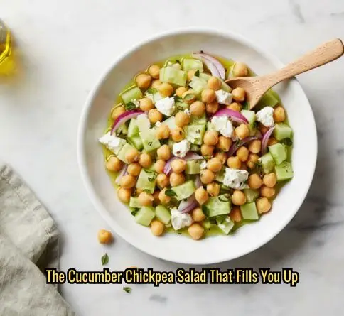 Cucumber chickpea salad with crumbled feta, red onion, and oregano tossed in olive oil dressing in a white bowl.

