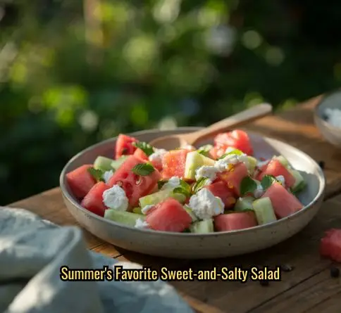 Watermelon cucumber feta salad with fresh mint leaves and lime dressing on a wooden picnic table.