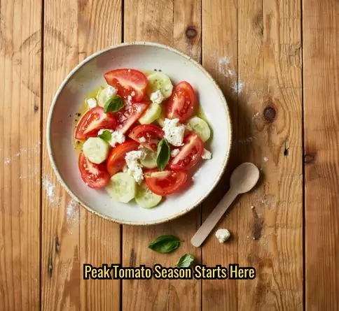 Tomato cucumber feta salad with fresh basil leaves and vinaigrette in a rustic wooden bowl.
