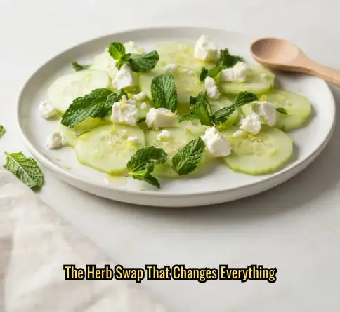 Mint and cucumber feta salad with fresh mint leaves and lemon zest dressing on a white plate.
